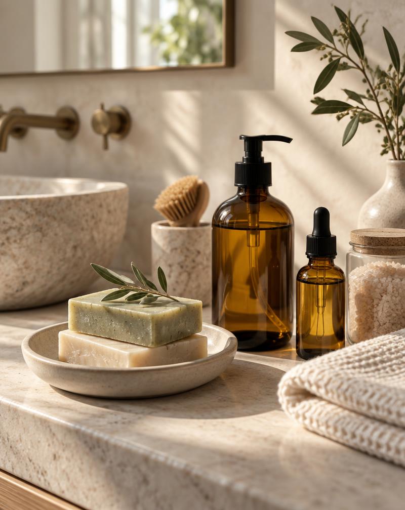 Artisan soaps and amber glass body care on a stone washstand