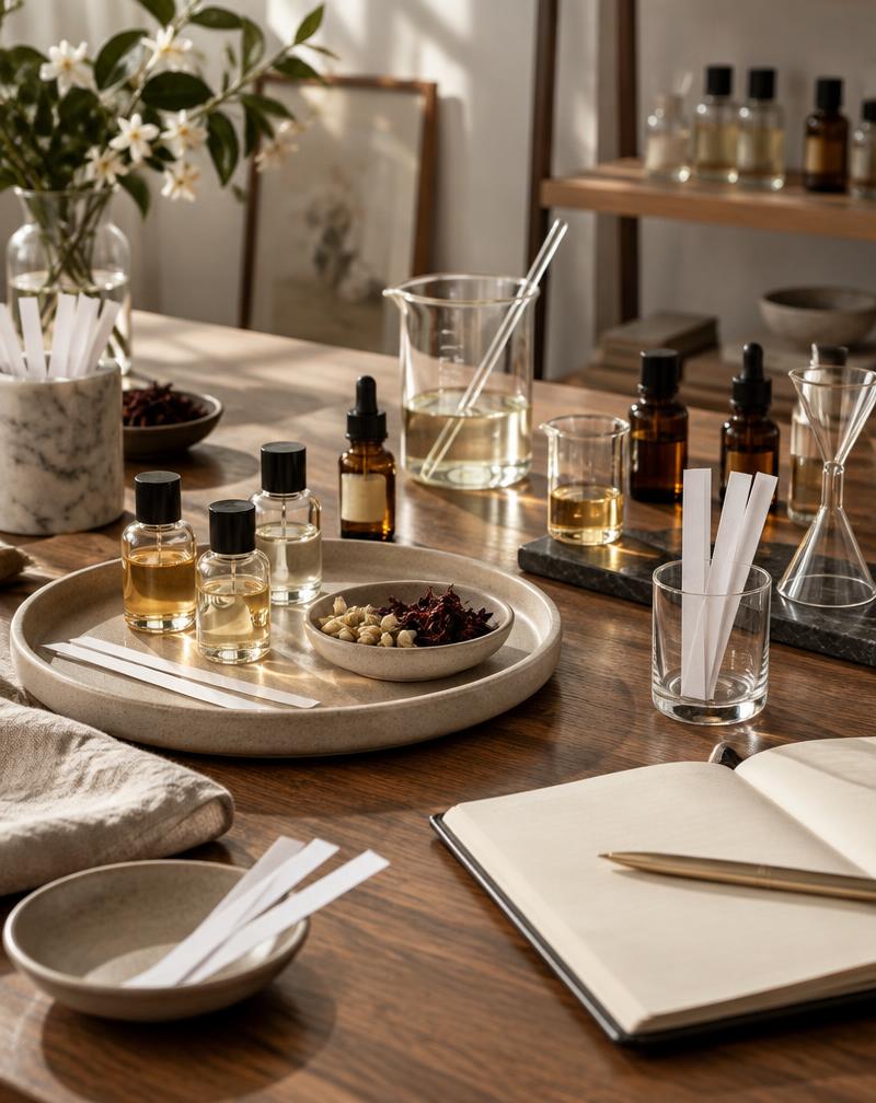 Scent blending supplies arranged on a studio worktable