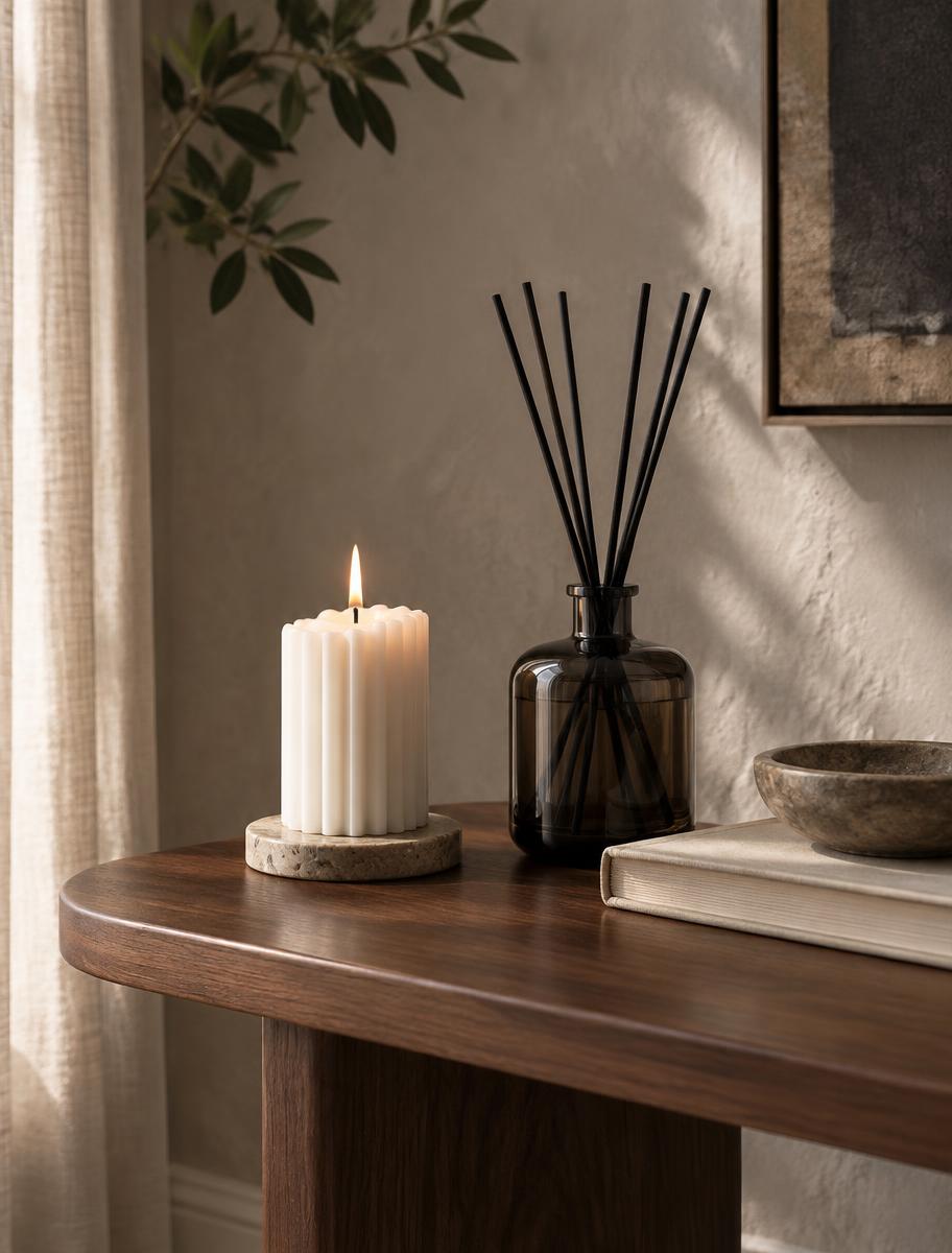 Candle and reed diffuser styled on a walnut side table