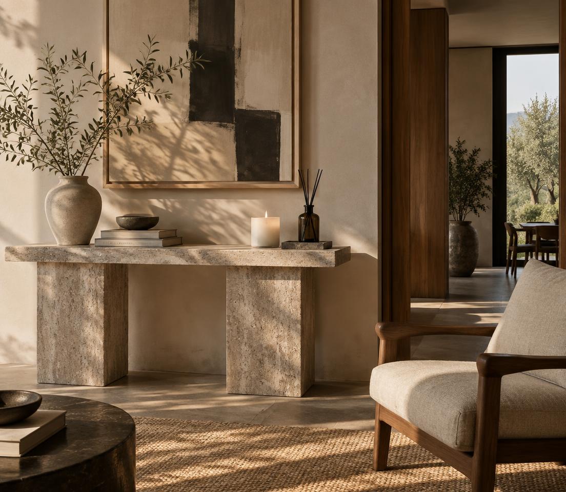 A residential console styled with fragrance objects, artwork and a linen chair
